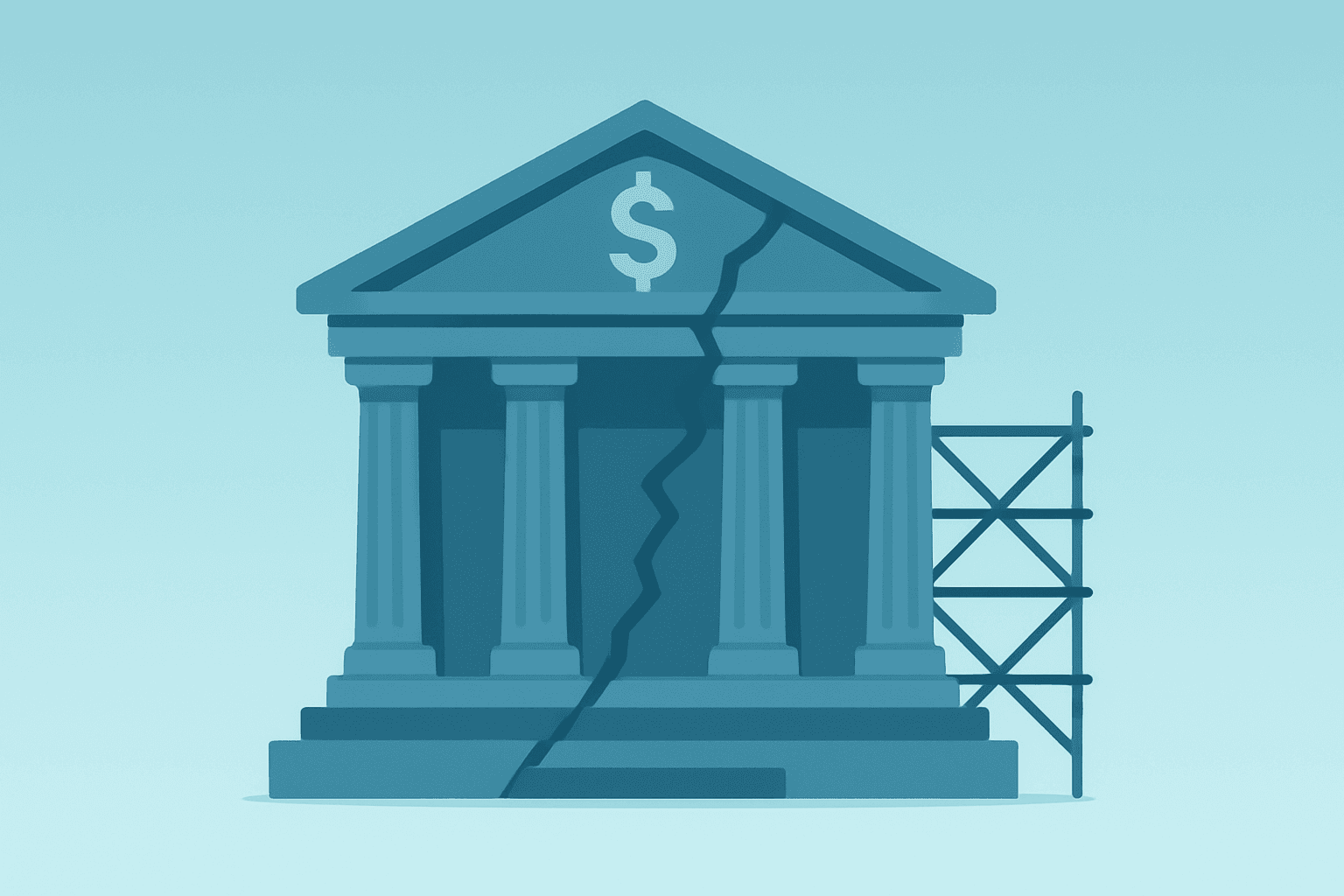 Flat filled vector of a Fed building under scrutiny, highlighting renovation cost dispute and Trump Threatens Powell Lawsuit.