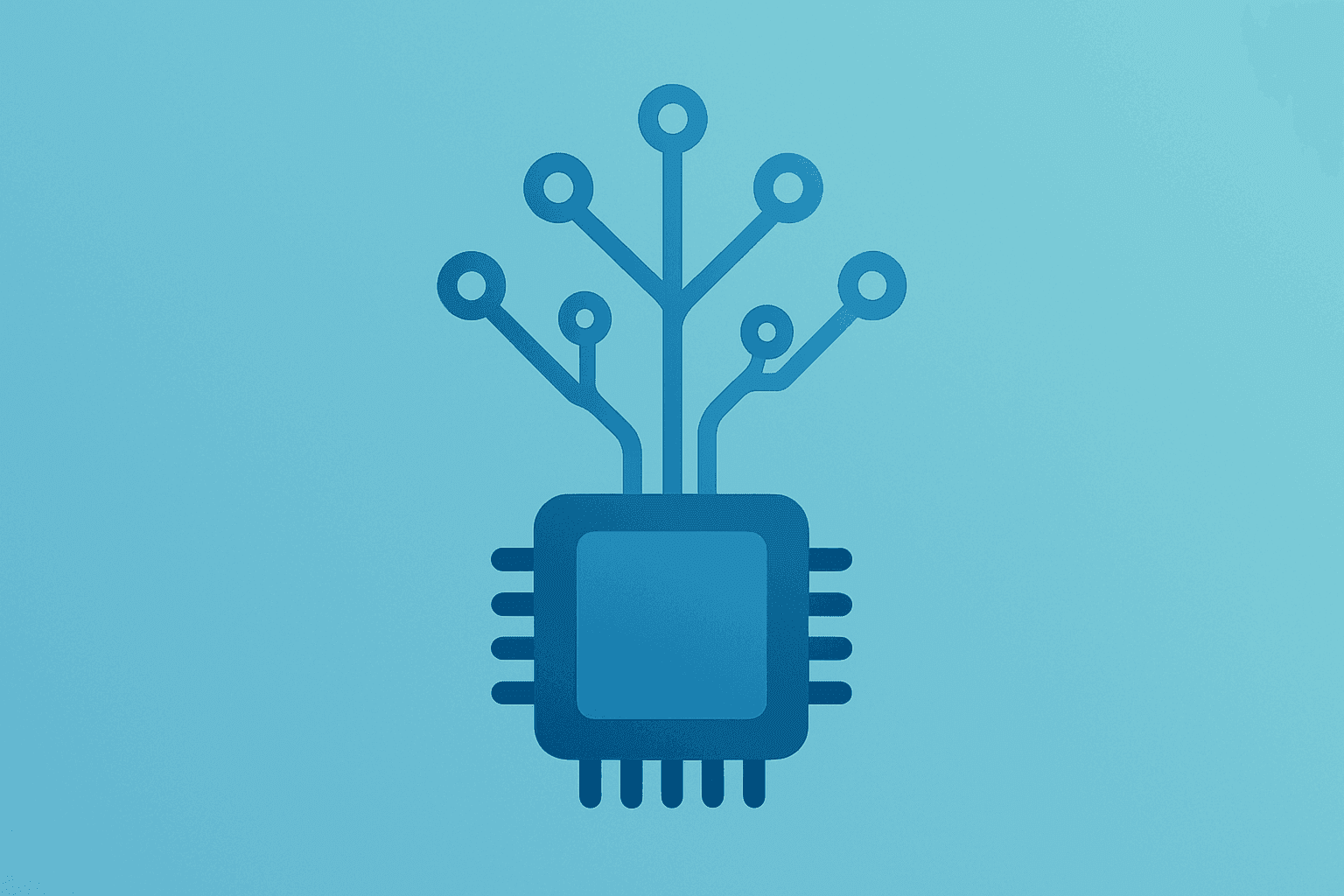 Centered flat vector of a chip sprouting circuits symbolizing Synopsys earnings and AI-driven demand on a light gradient.