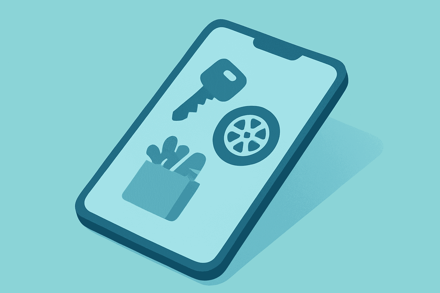 Flat vector icon of a smartphone with hotel key, car wheel and grocery bag representing Airbnb expansion.