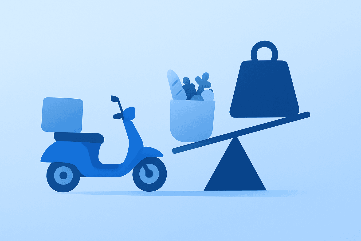 Flat-vector diagonal delivery scooter bearing a grocery surge and heavy weight representing DoorDash Q1 2026 results tradeoff