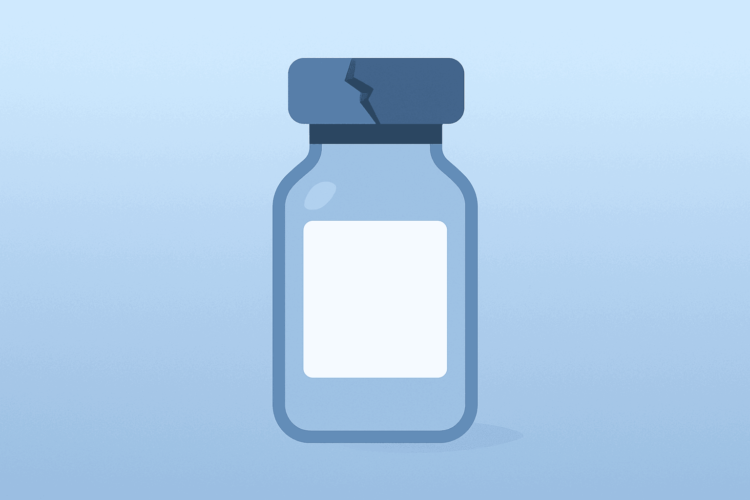 Flat centered vector of a cracked medication vial representing the Novo Nordisk downgrade on a cobalt-silver gradient.