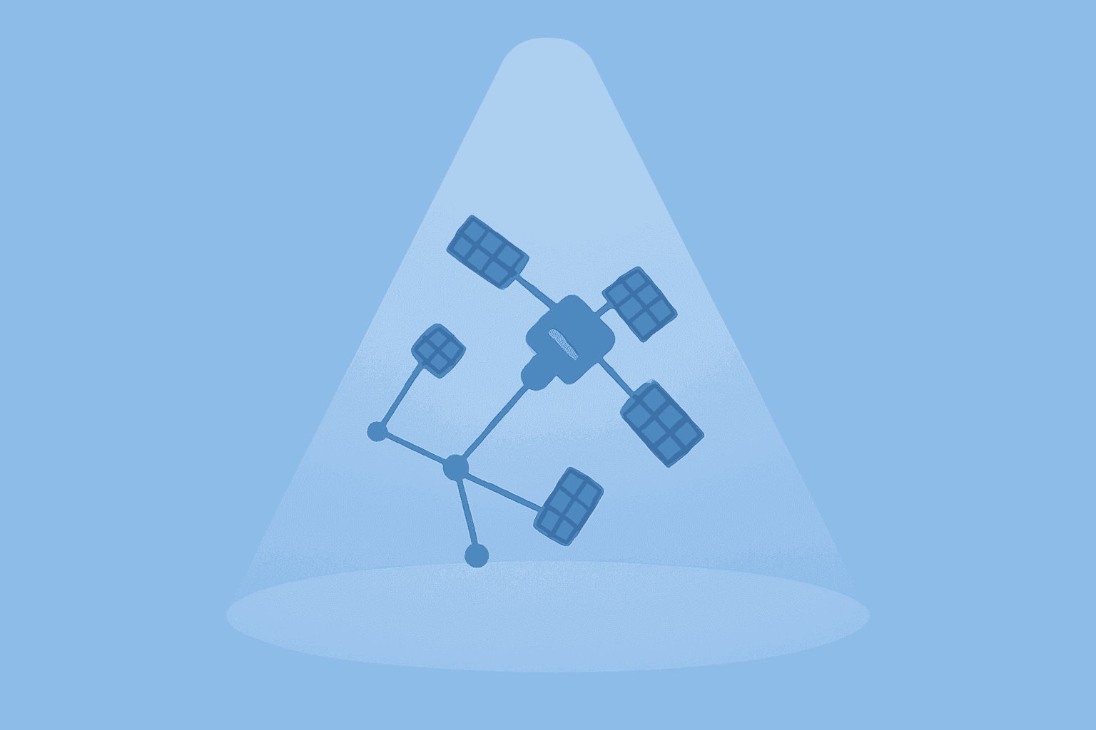 Flat vector satellite constellation under a spotlight symbolizing SpaceX IPO and surging late-stage capital flows.