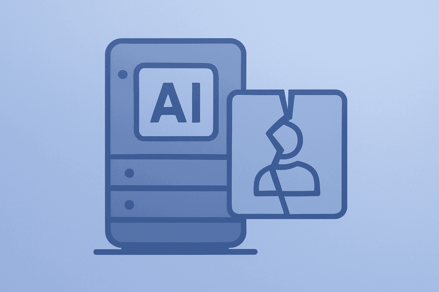 Flat-vector cover of an AI server with a fractured panel evoking the Elon Musk Sam Altman trial and IPO timing risk.