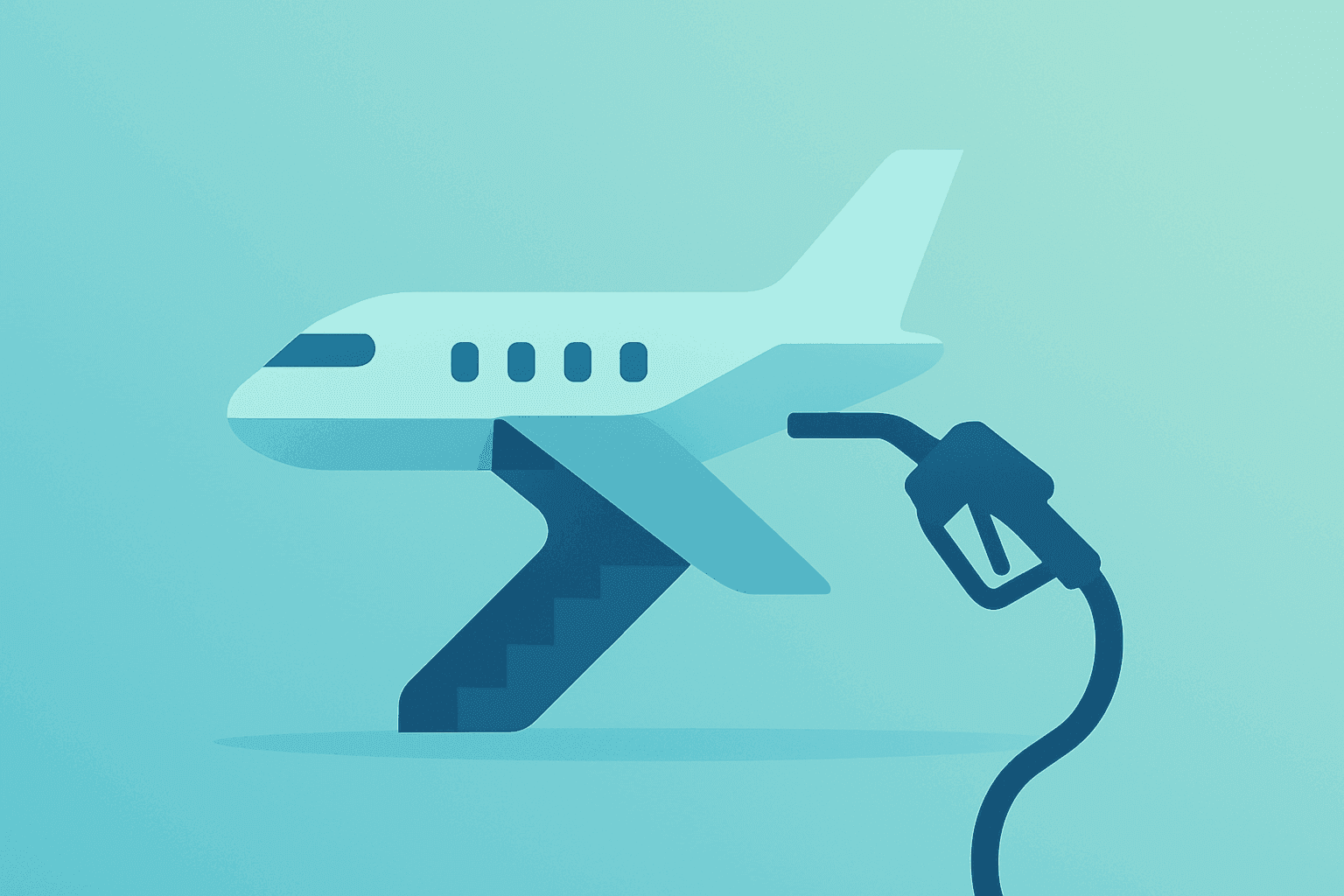 Flat vector of a stylized jet and a muted fare ribbon with a shadowed fuel nozzle, symbolizing Ryanair profit falls.