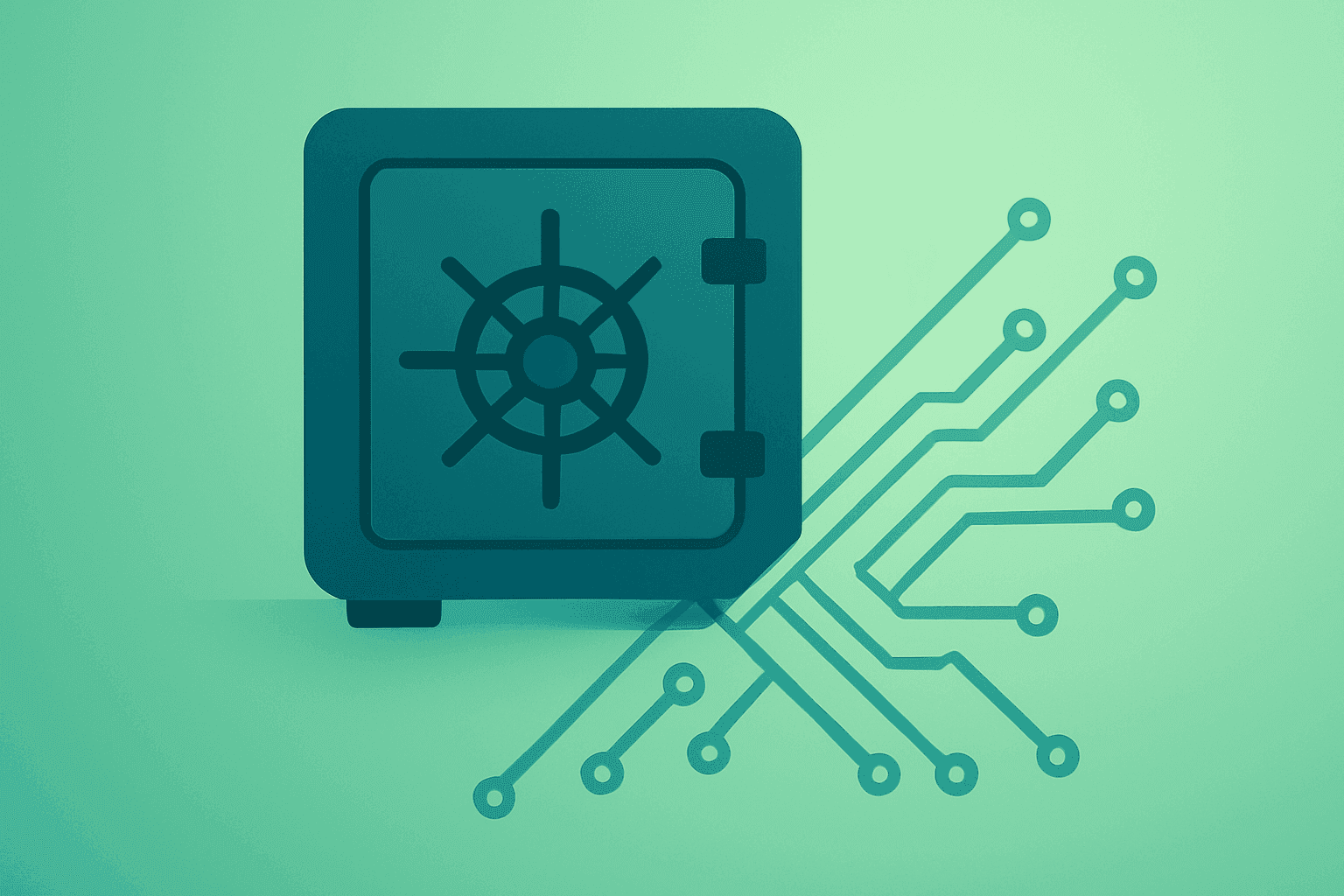 Flat vector of a data vault swelling with integrated circuits to symbolize Anthropic IPO valuation tied to revenue run rates.