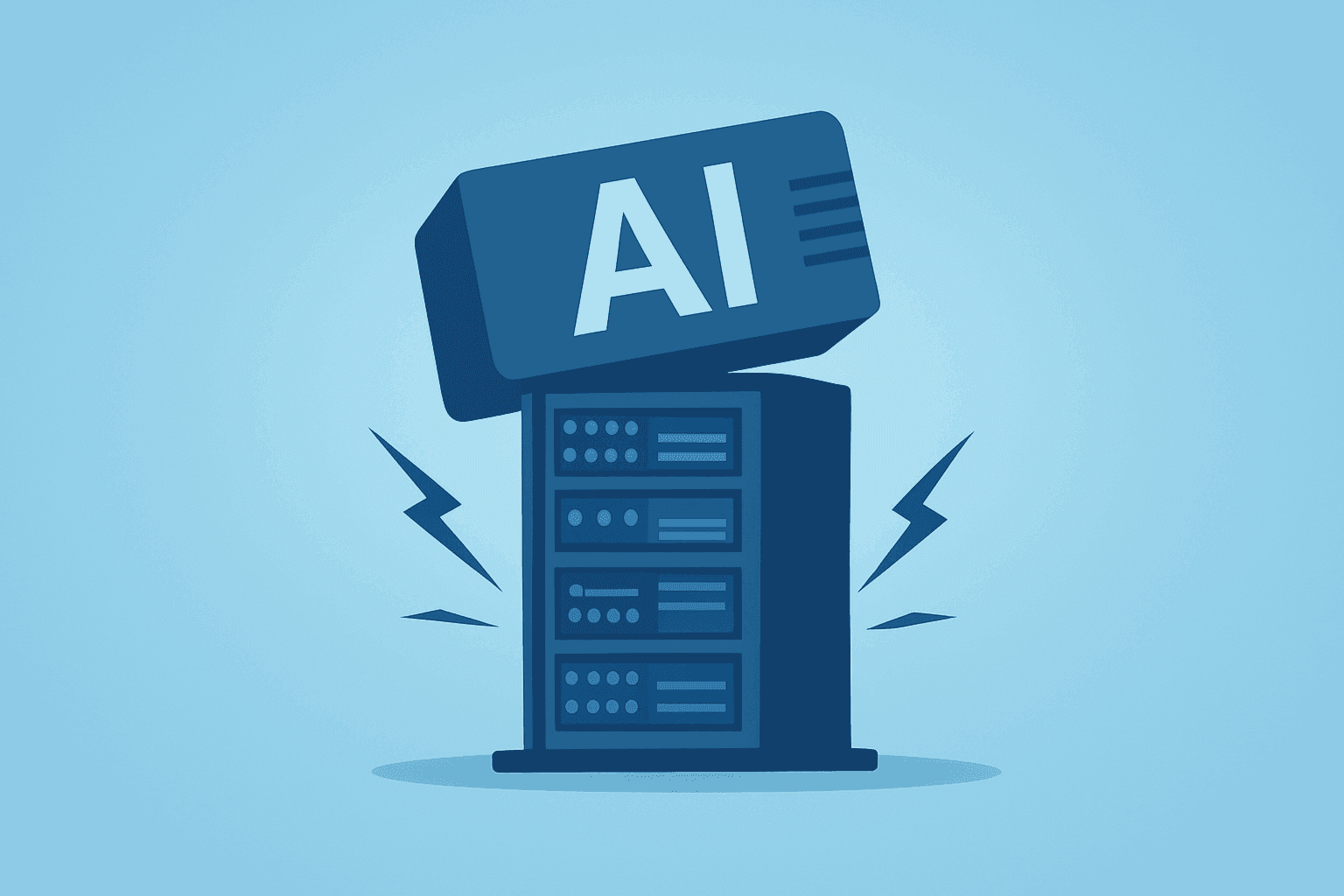 Flat-vector cover of a server rack strained by expanding AI blades symbolizing CoreWeave debt pressure and refinancing stress