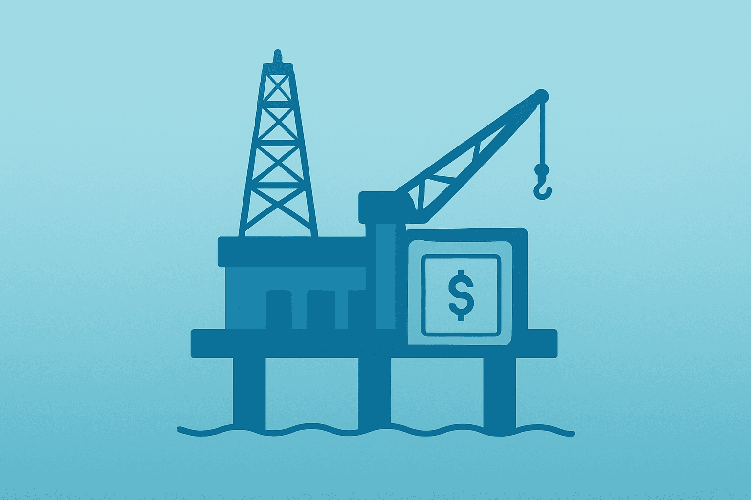 Flat vector of an offshore platform fused with stacked coins, symbolizing Shell Q4 2025 results and capital returns.