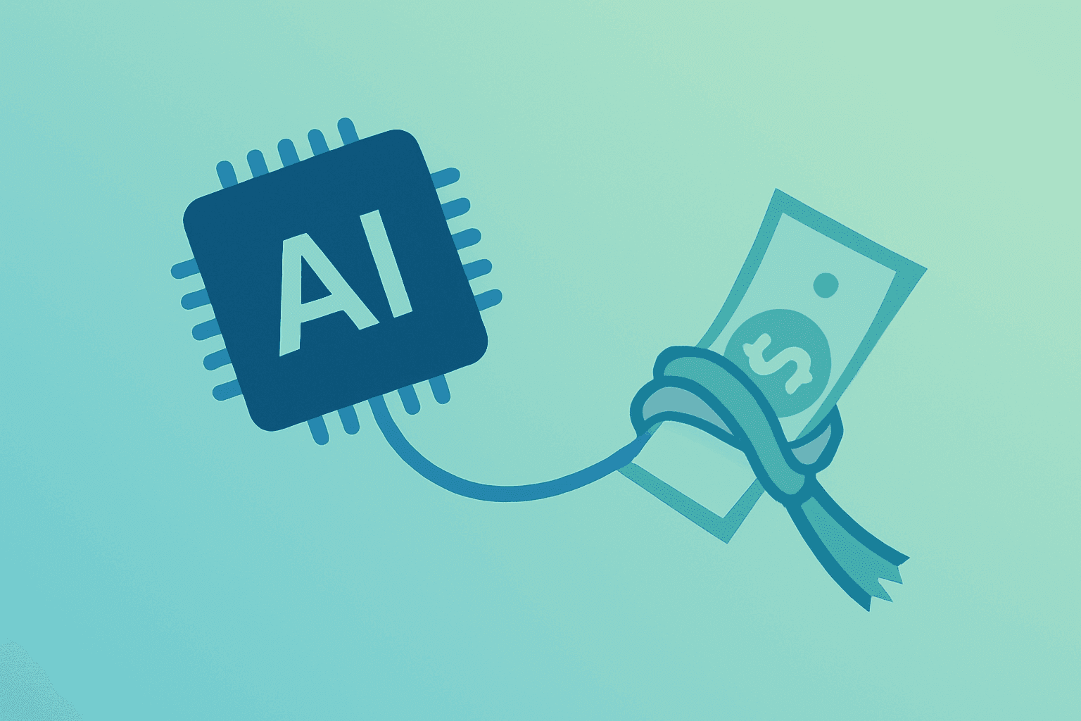 Flat vector of an AI chip moving toward a frayed financing knot to symbolize Nvidia stock rebound and credit risk.