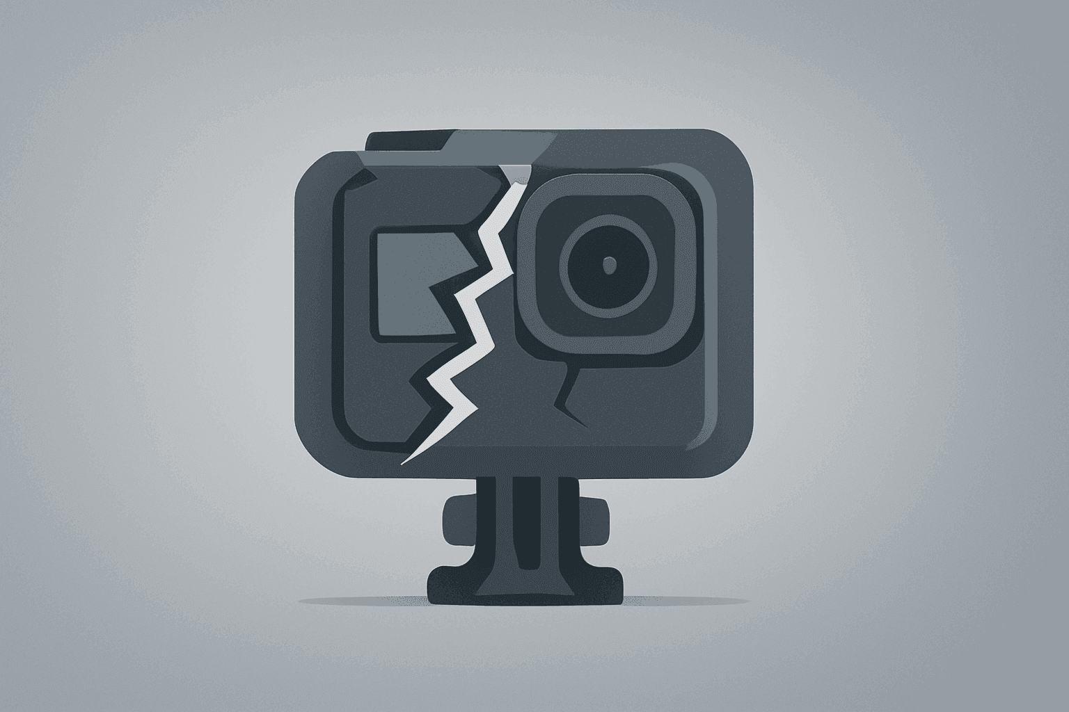 Flat vector cover showing a high-end camera with a dimmed lens to symbolize GoPro strategic review and potential M&A options.