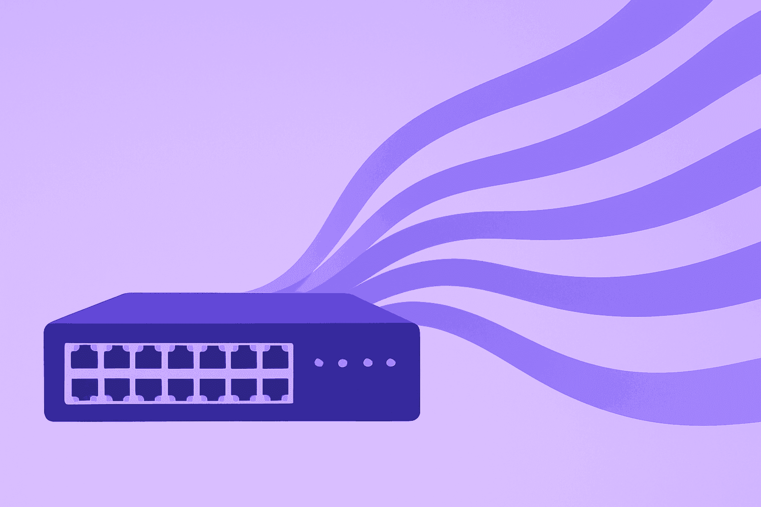 Flat vector data center switch unfurling fabric strands representing Arista Q2 earnings and AI networking demand.