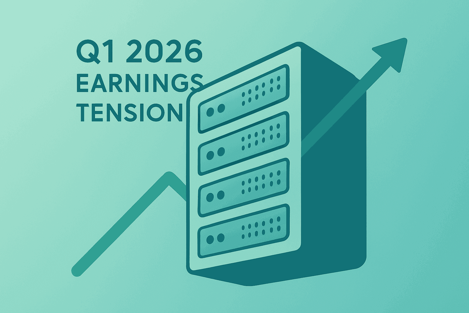 Flat-vector server stack with chip pods symbolizing Meta Q1 2026 earnings tension between ad growth and AI CapEx.