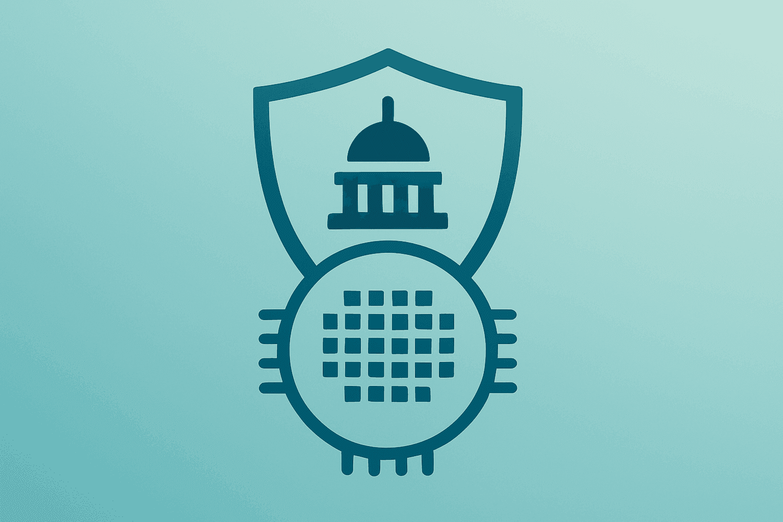 Flat vector of a quantum module held in a stylized government shield, representing U.S. quantum funding stakes.