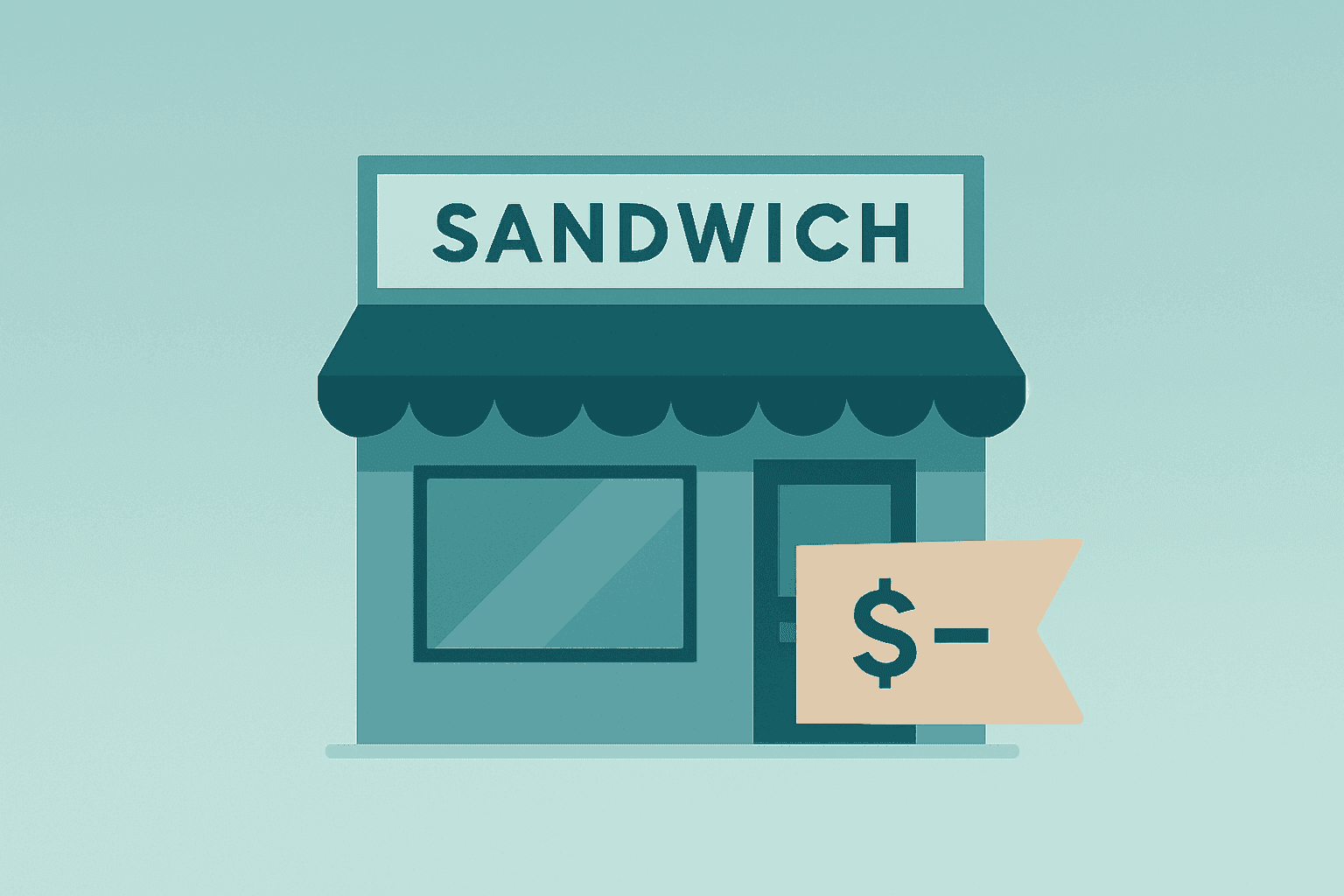 Flat vector of a sandwich storefront with a muted price tag to illustrate Jersey Mike's IPO demand-aftermarket gap.
