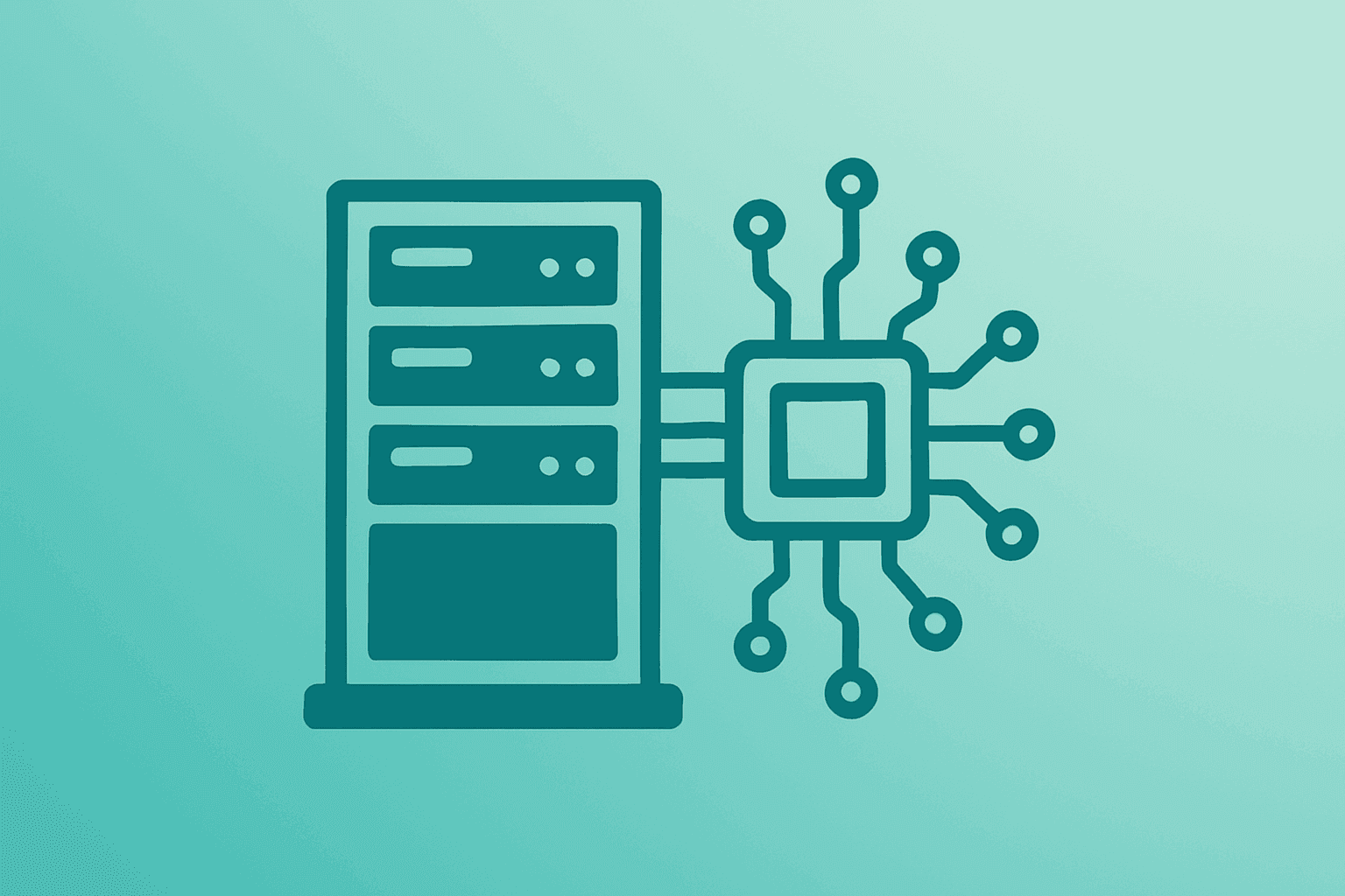 Flat vector of a server rack merging with a chip to symbolize Alibaba share placement funding AI infrastructure expansion.