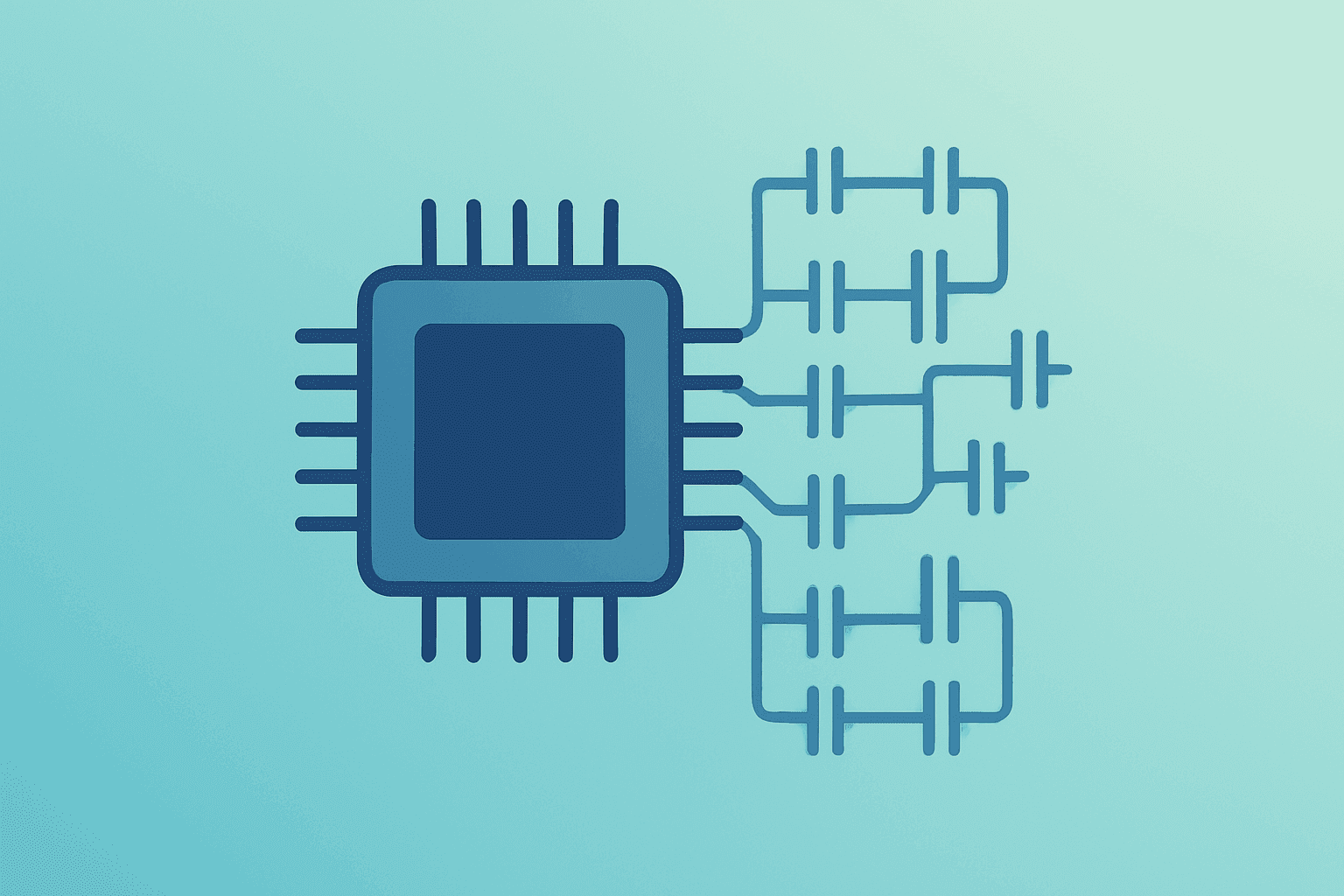 Flat vector of a chip merging with a capacitor for Analog Devices to Acquire Empower Semiconductor and AI power.