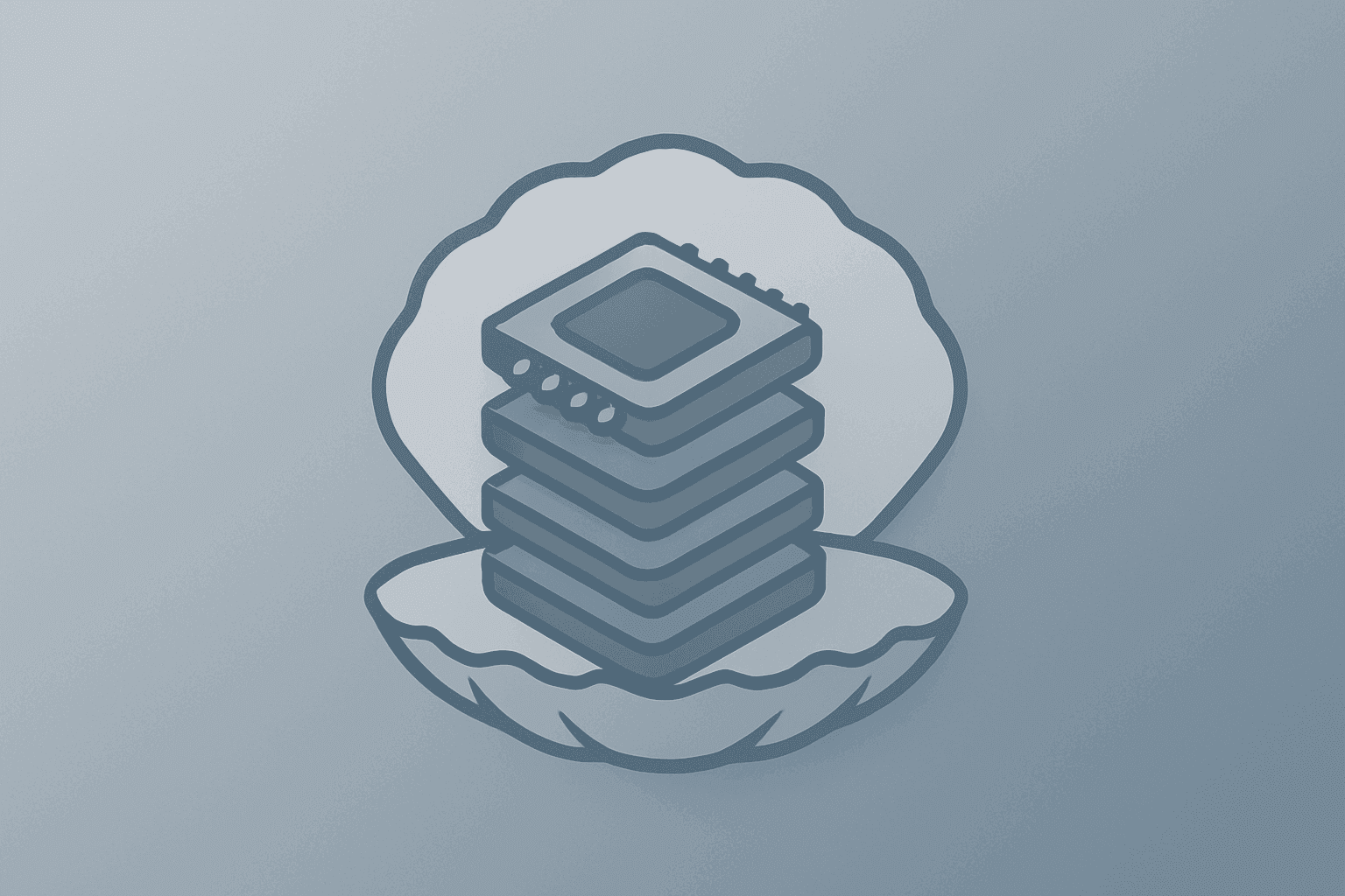 Flat vector of a memory chip stack inside a funding shell on a graphite-frost gradient, symbolizing memory stocks resilience.