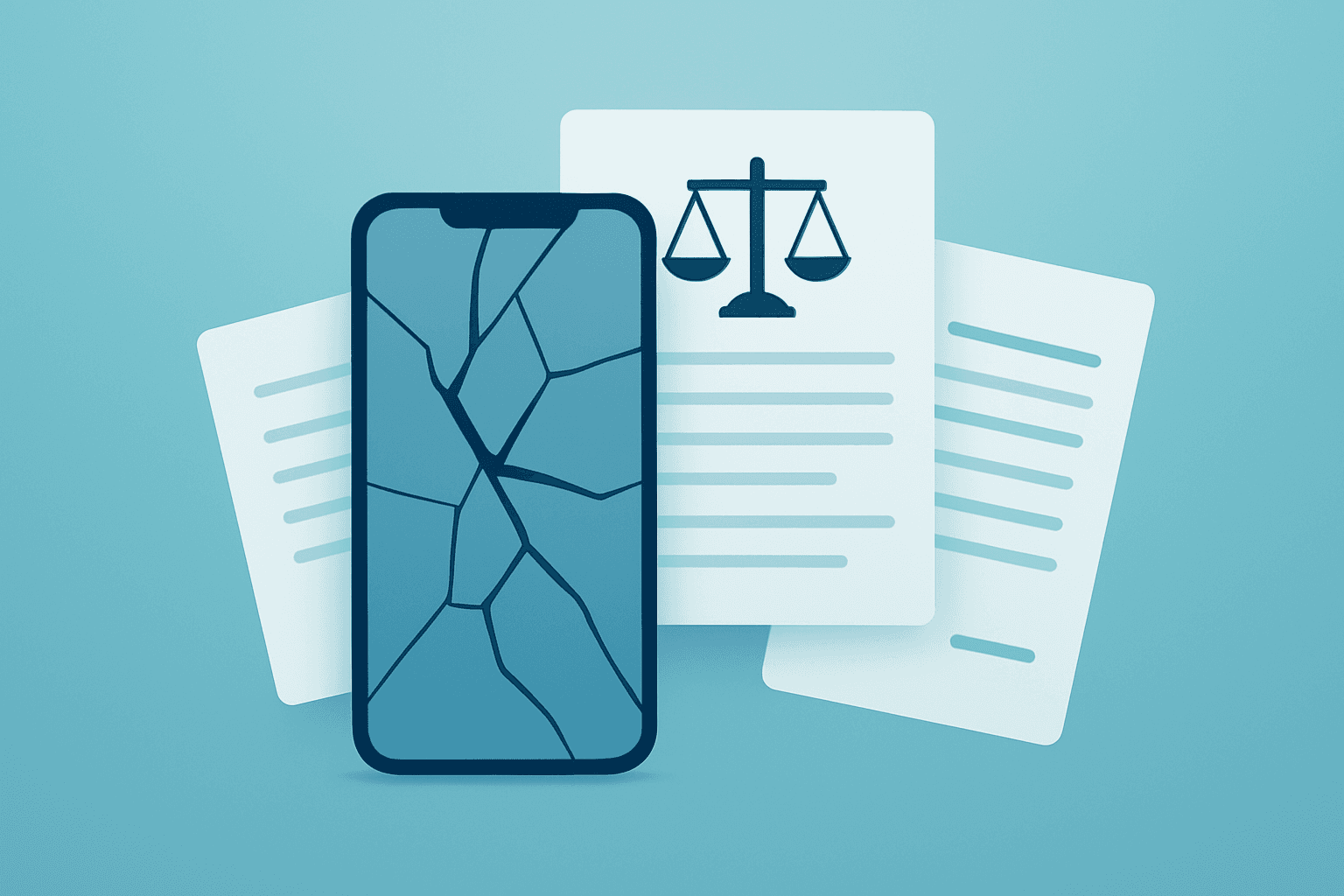 Flat vector of a fractured mobile app interface and scattered court papers evoking Zuckerberg Testifies and trial evidence.