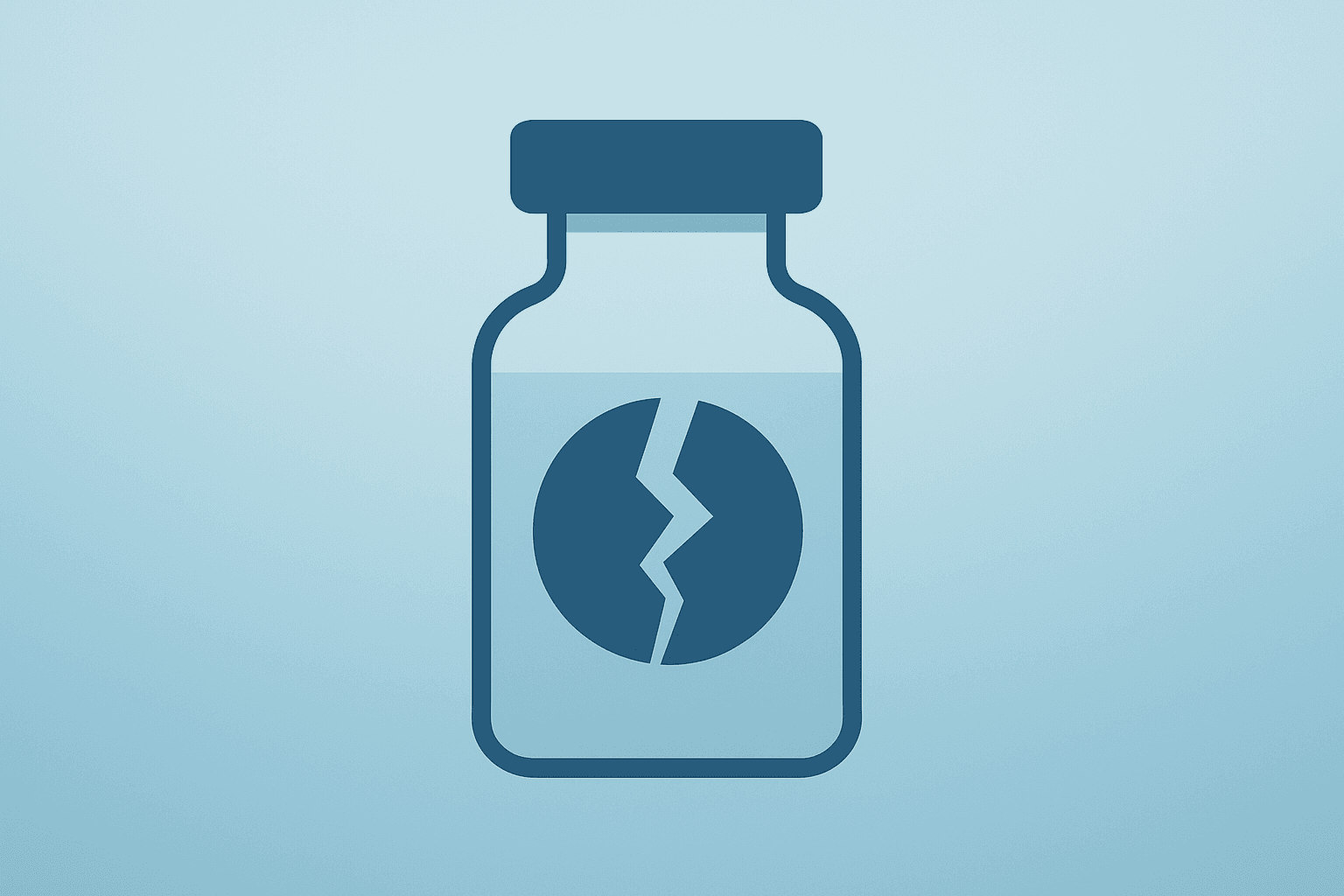 Flat vector of a biotech vial with a fractured shell symbolizing Rezolute trial failure and legal probes.