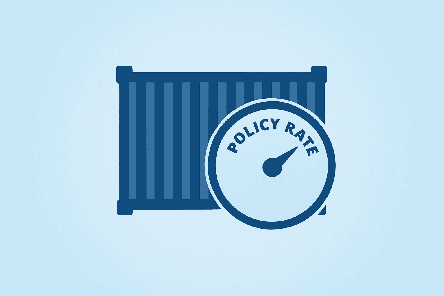 Flat vector editorial cover showing a single halted shipping container fused with a Fed rate dial for Trump Trade Threat