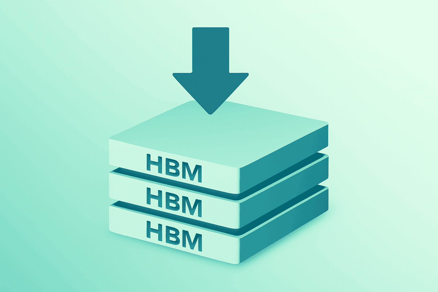 Flat vector HBM module under compression showing Micron price targets and AI memory demand vs DRAM pricing debate.