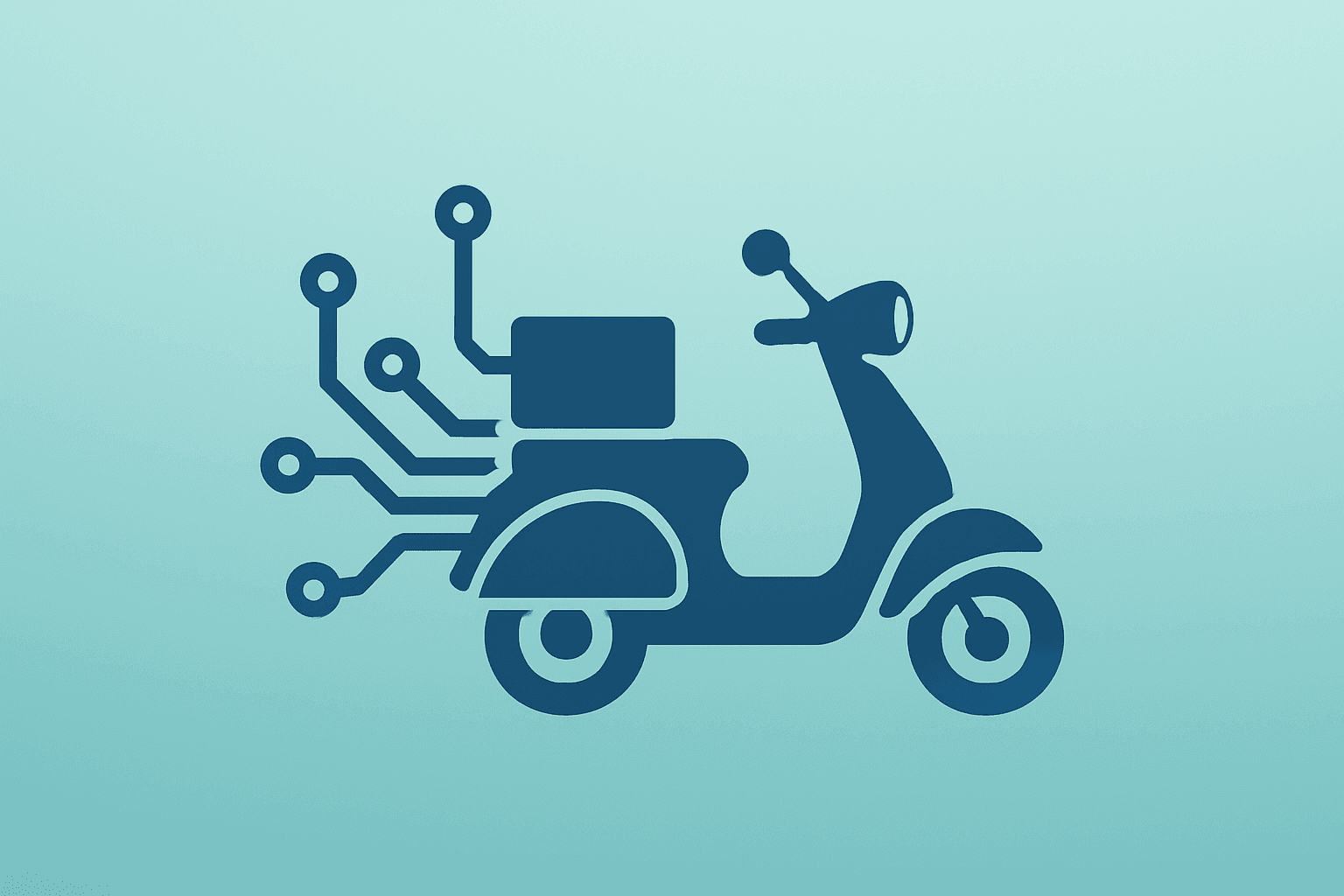 Flat vector of a delivery scooter entwined with a server circuit symbolizing Alibaba earnings miss.