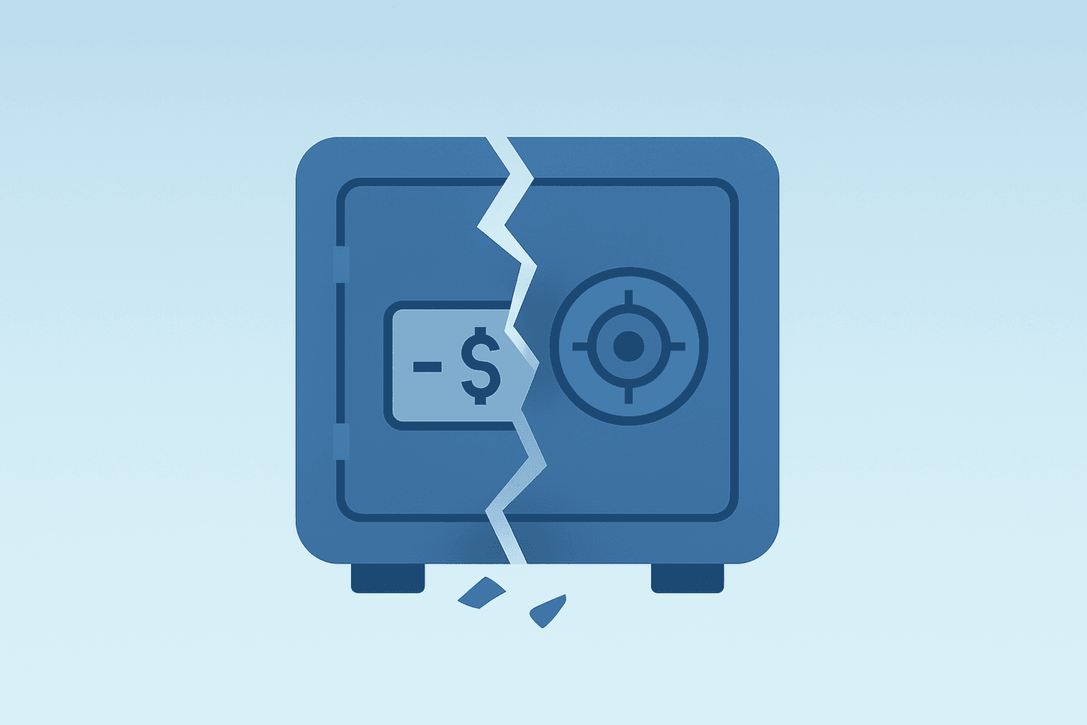 Flat vector of a payments vault with a fractured shell symbolizing PayPal takeover interest, clean forms and a subtle shadow.