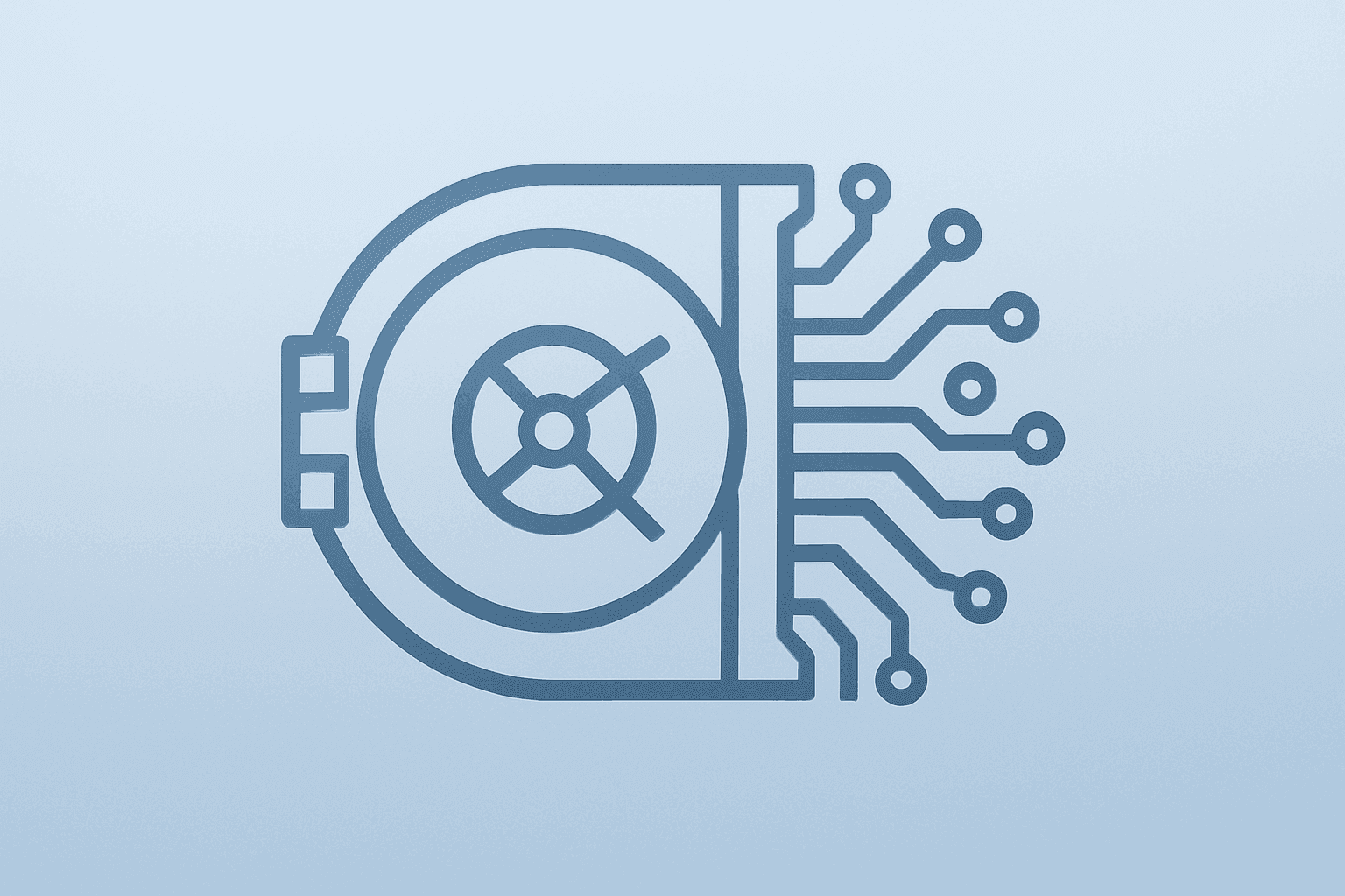 Flat-vector single object merging a bank vault element with an expanding circuit to symbolize Barclays job cuts and AI-driven efficiency.