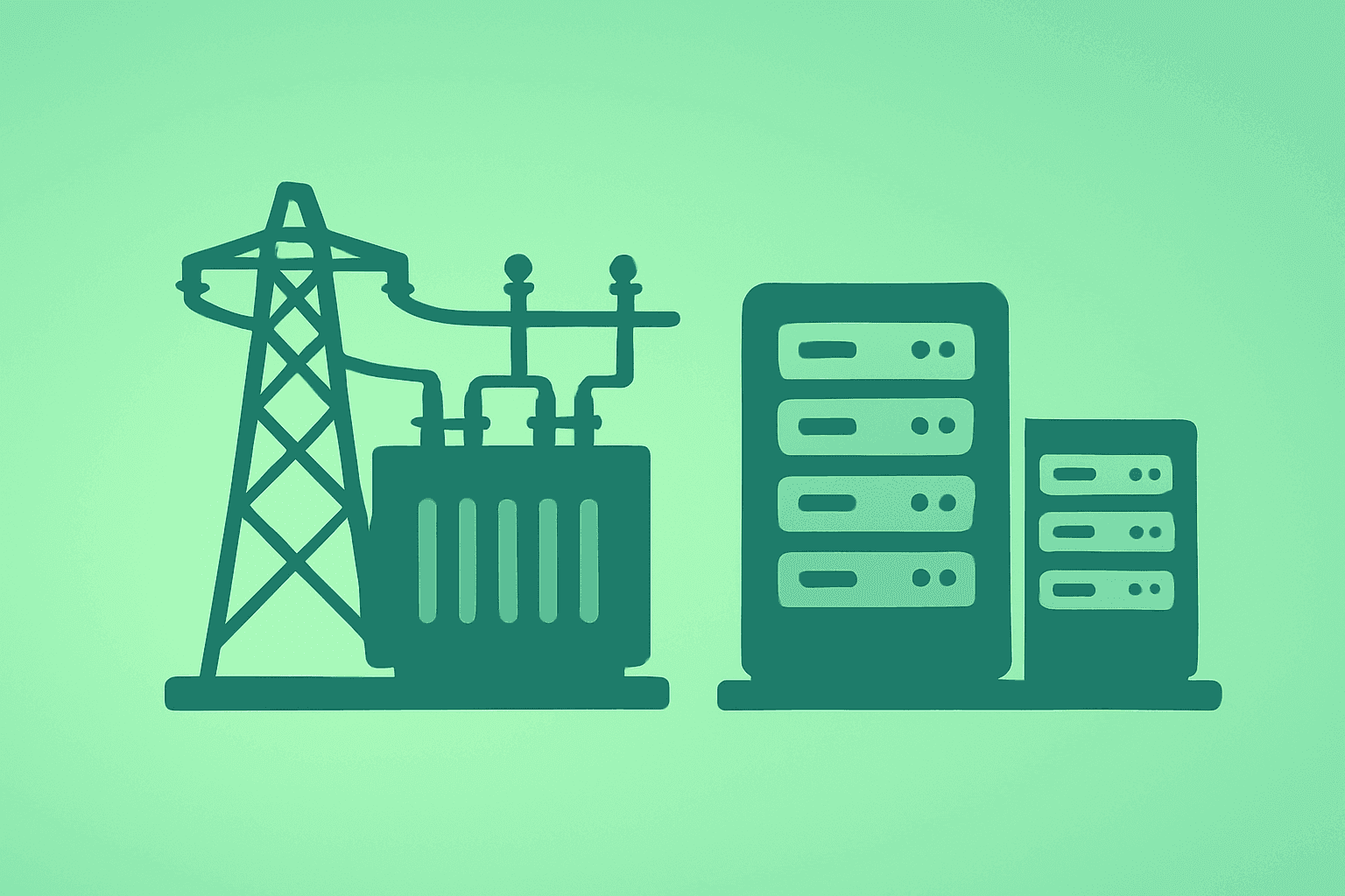 Flat vector server campus icon evoking Hut 8 Beacon Point lease and the shift to gigawatt-scale AI hosting infrastructure.