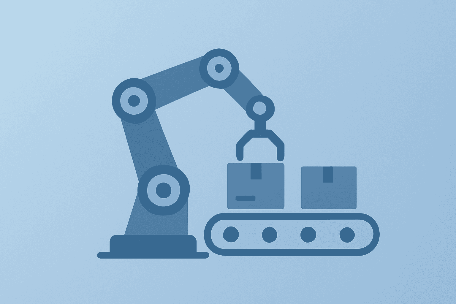 Flat vector of a warehouse robot arm merging with a conveyor to symbolize Nike layoffs and supply chain automation.