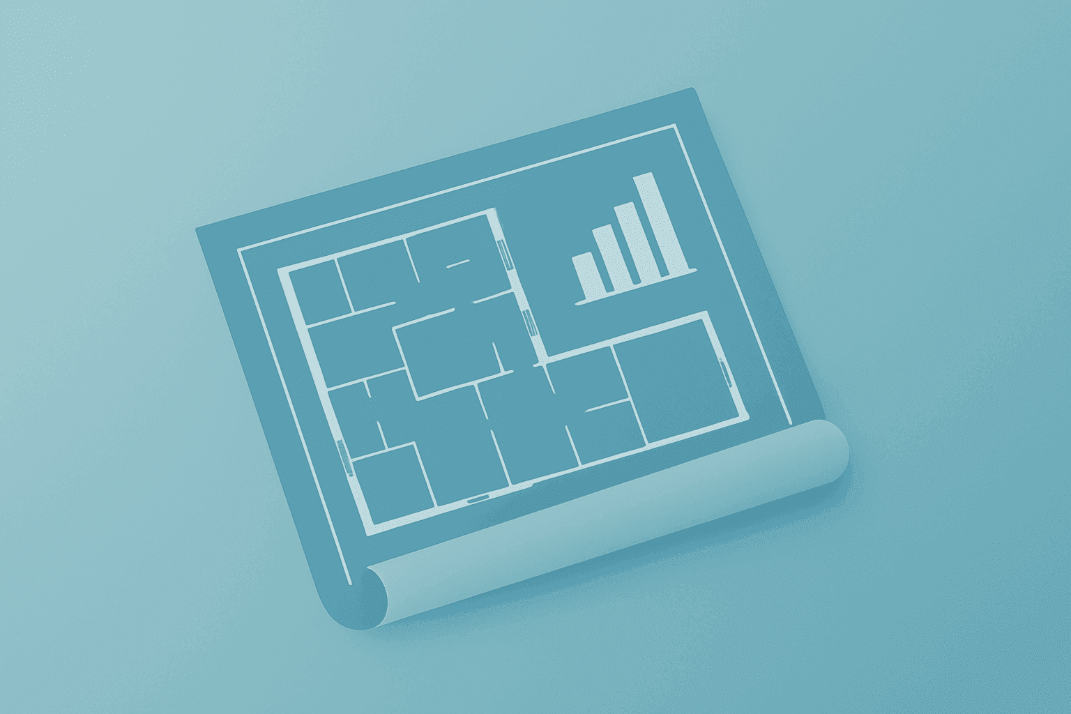 Flat filled vector of an architectural blueprint with a dimmed corner symbolizing Autodesk earnings and tempered guidance