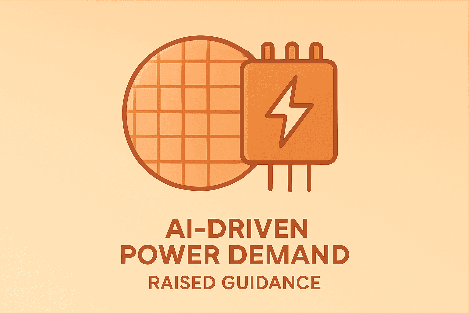 Flat vector server chip fused with a power-management module symbolizing Analog Devices Q3 guidance and AI demand.