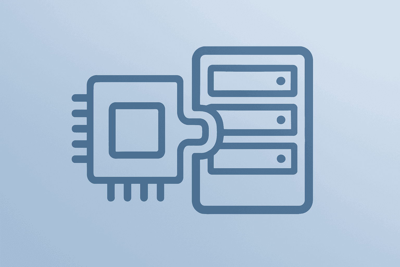 Flat vector chip merging with a server module on a smooth slate-ice gradient, evoking Micron stock and AI memory demand.