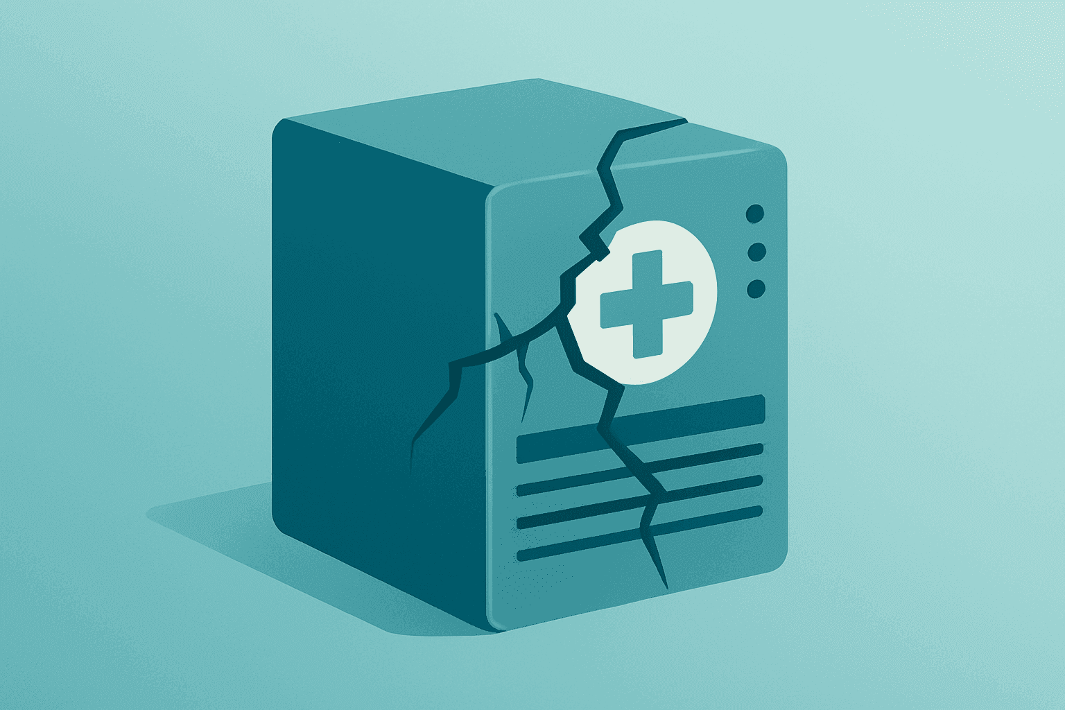 Flat vector of a medical-device server with a fractured shell symbolizing the Boston Scientific cyberattack and guidance hit.