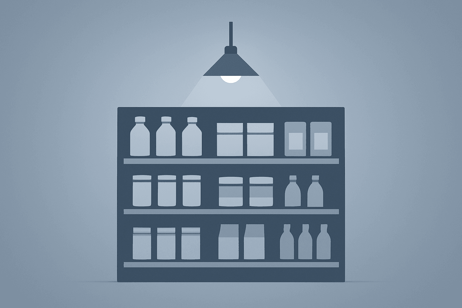 Flat vector of a dimmed retail shelf and work boots symbolizing weaker spending and cooling jobs from the Fed Beige Book