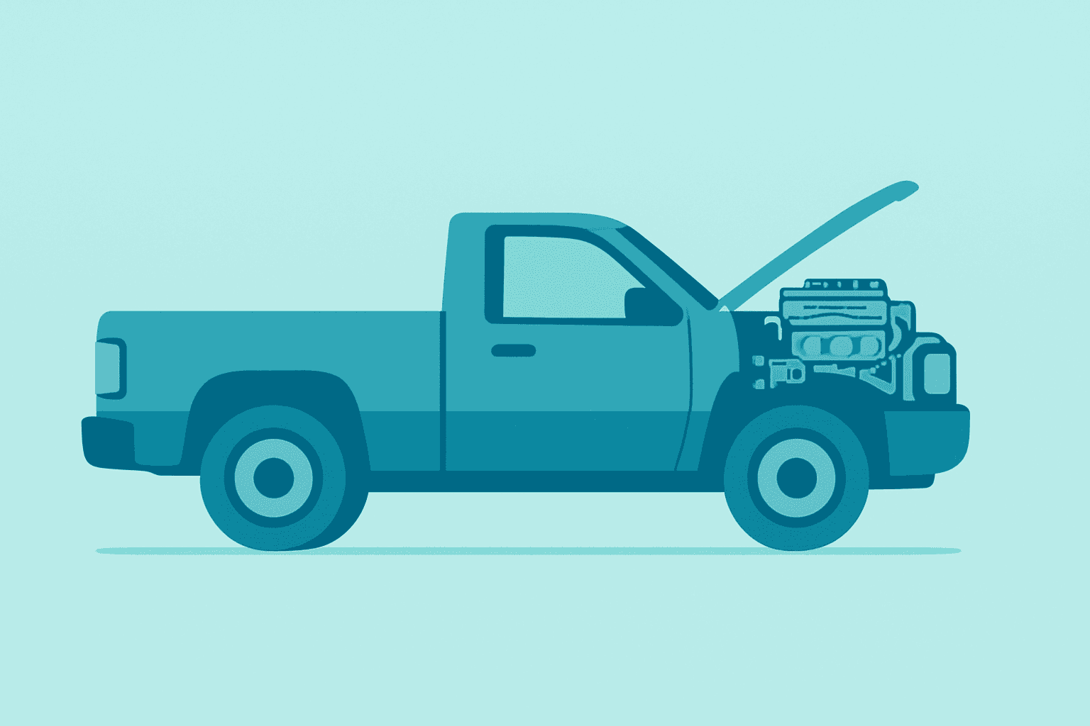 Flat filled vector of a pickup with a reinstalled combustion engine symbolizing the Stellantis charge and reset.