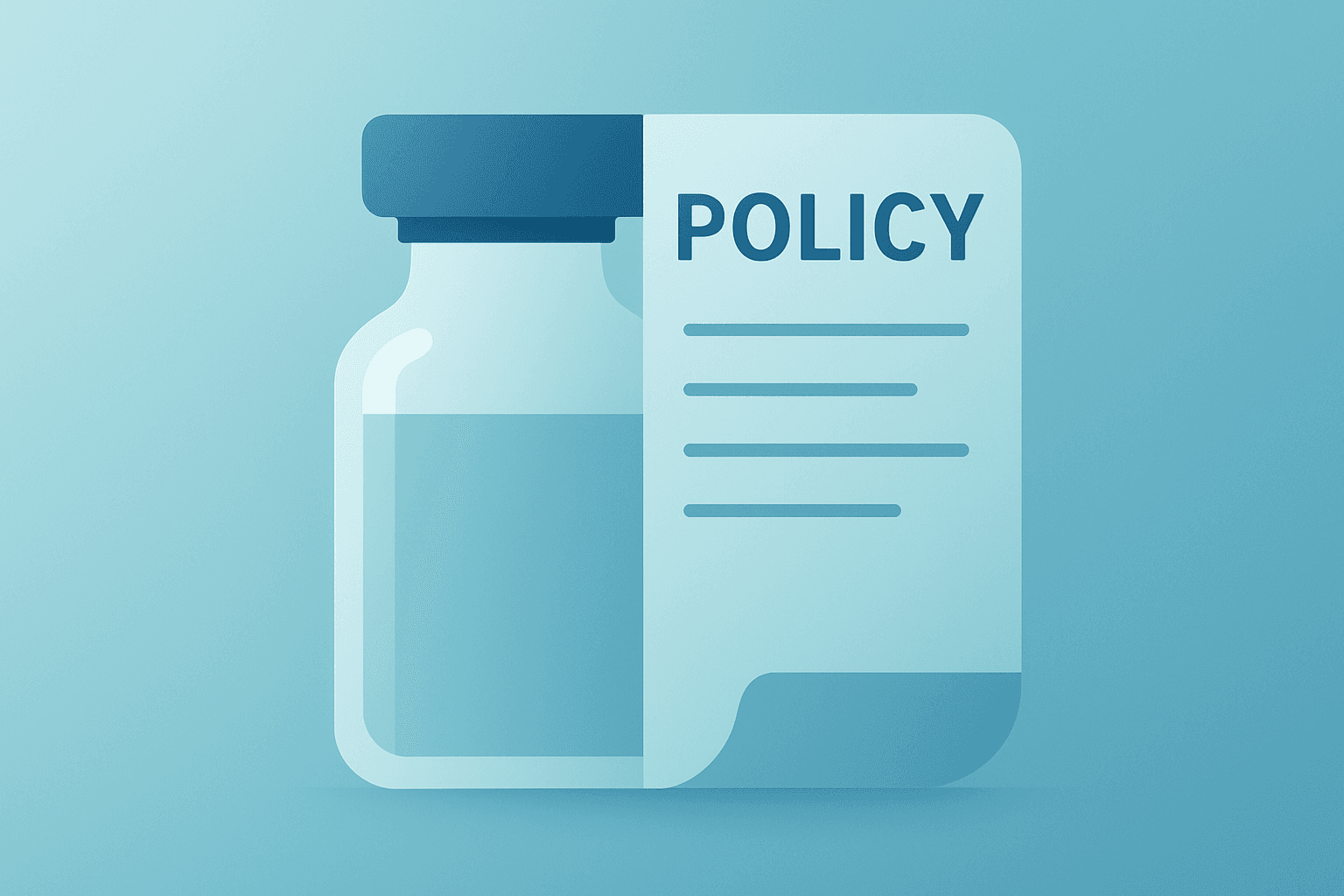 Flat filled vector of a drug vial linked to a policy ledger, illustrating Novo Nordisk price cut and Medicare coverage shift.