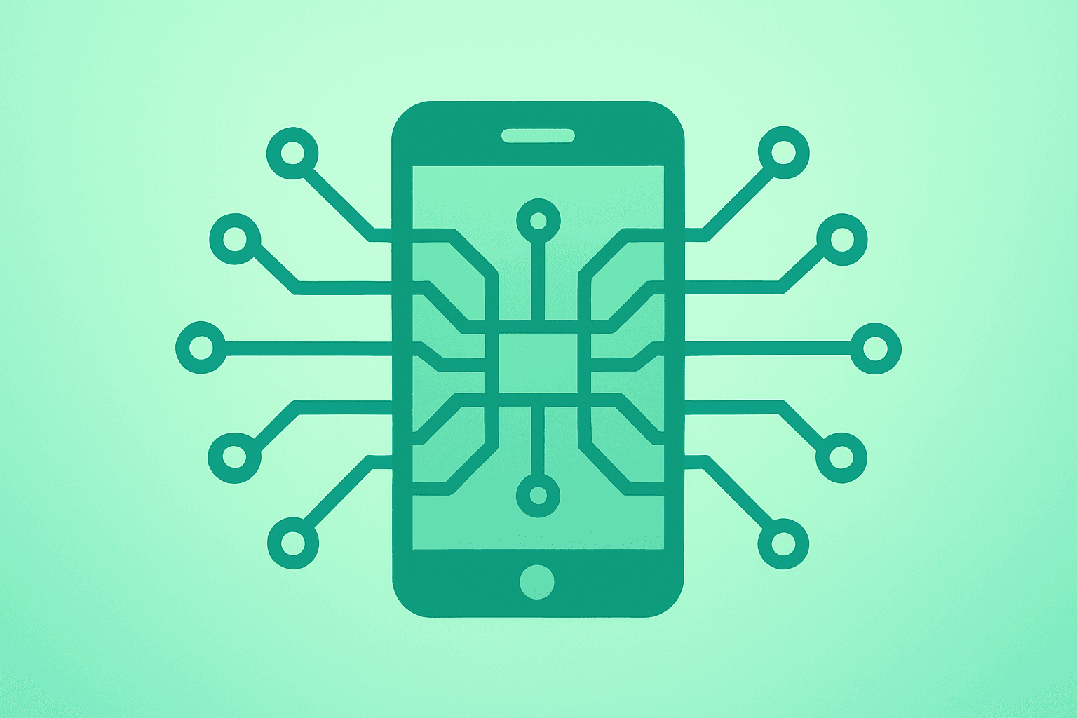 Flat vector smartphone core radiating circuit symbolizes distribution boosting Alphabet market cap, hitting $4 trillion.