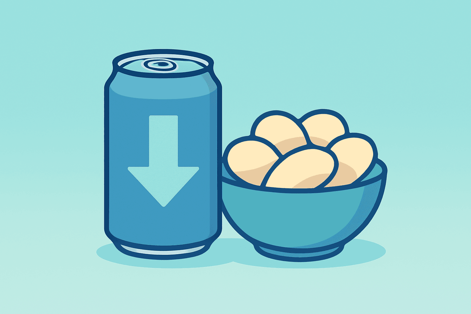 Flat vector of a soda can beside a bowl of chips representing PepsiCo earnings and targeted U.S. snack price cuts.
