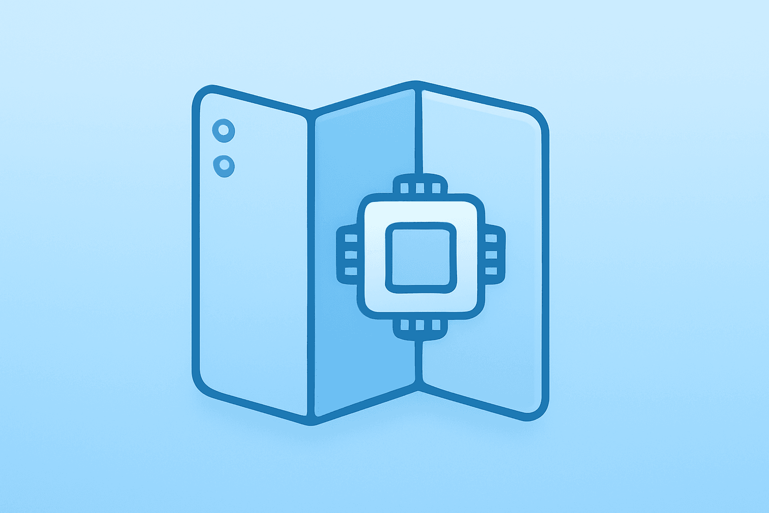 Flat filled vector of a triple-fold smartphone fused with a mobile chip, symbolizing Samsung Galaxy Z TriFold launch timing.