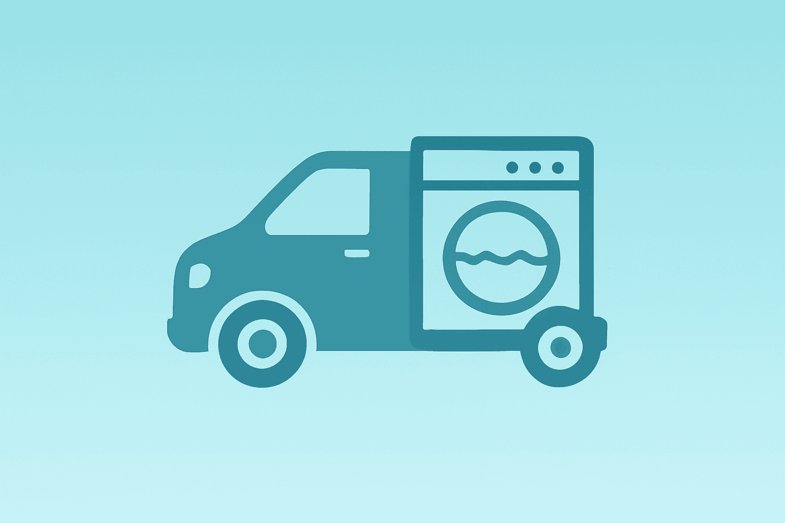 Flat vector of a maintenance van merging with a laundry plant icon to symbolize the Cintas UniFirst merger with shadow lift.
