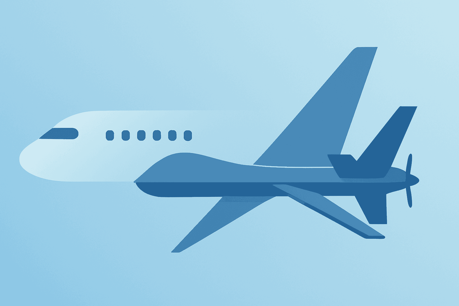 Flat filled vector of a composite aircraft and drone merging to symbolize the Archer Boeing deal expanding defense platform.