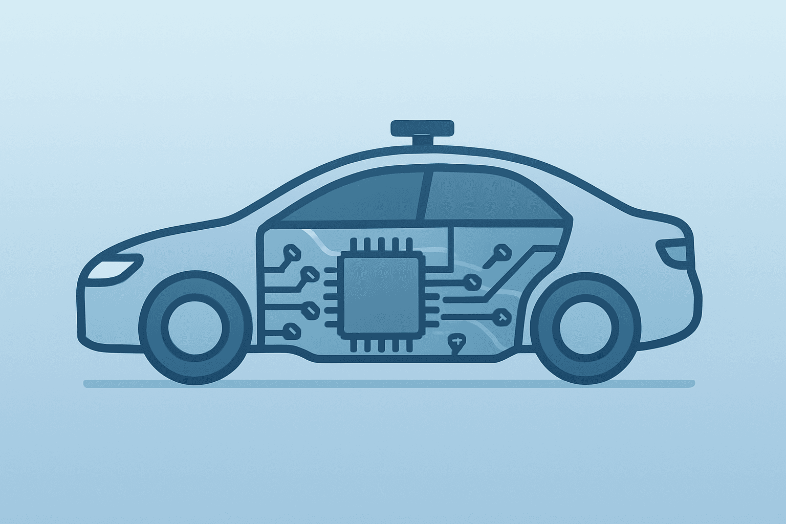 Centered flat vector of a robotaxi chassis split open symbolizing Waymo funding and valuation scrutiny on graphite-frost.