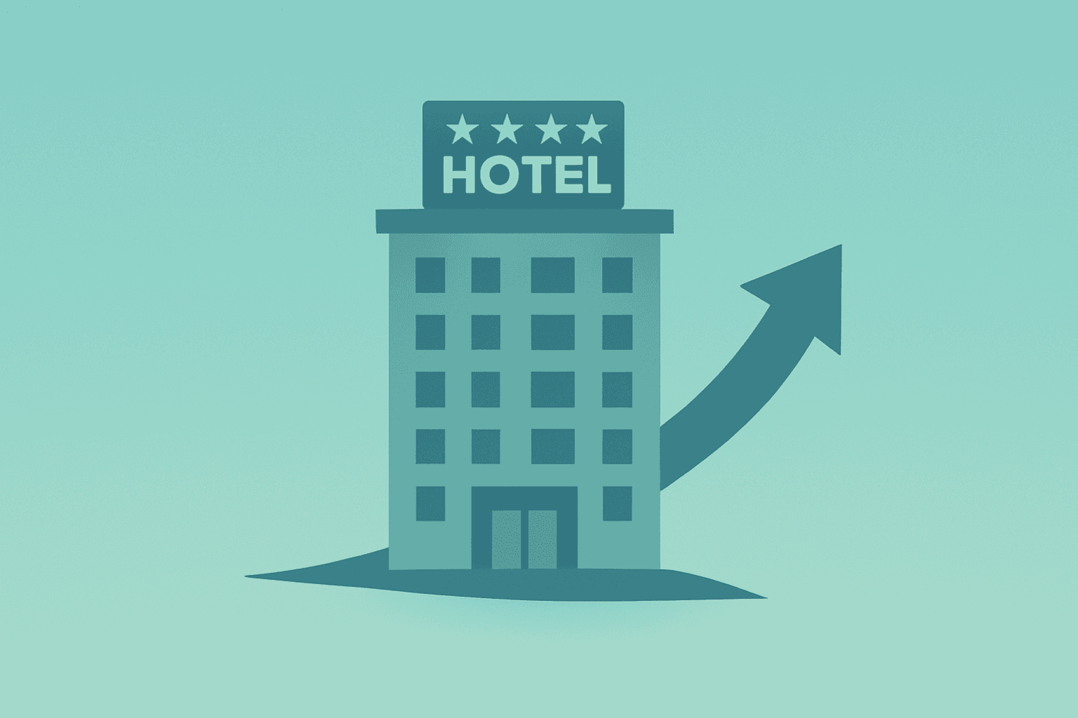 Flat filled vector hotel silhouette with subtle globe lift to signal international demand and Marriott Q4 Revenue theme