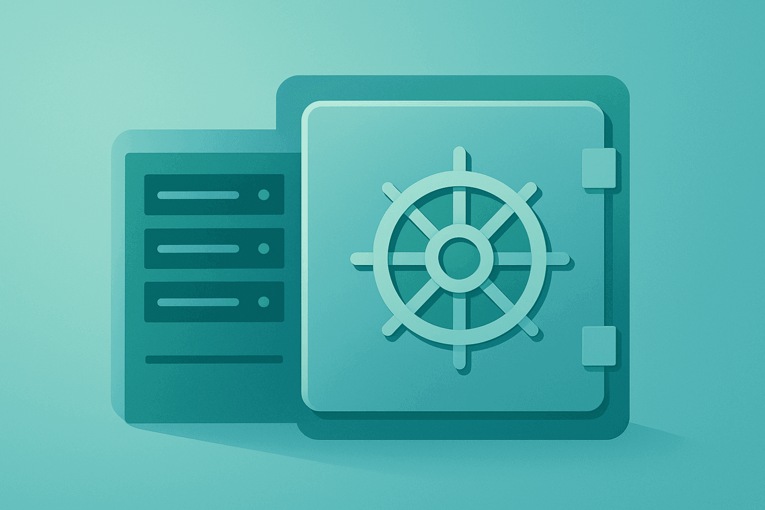 Flat-vector server fused with a vault representing Webull China Ties custody and cross-border data risk.