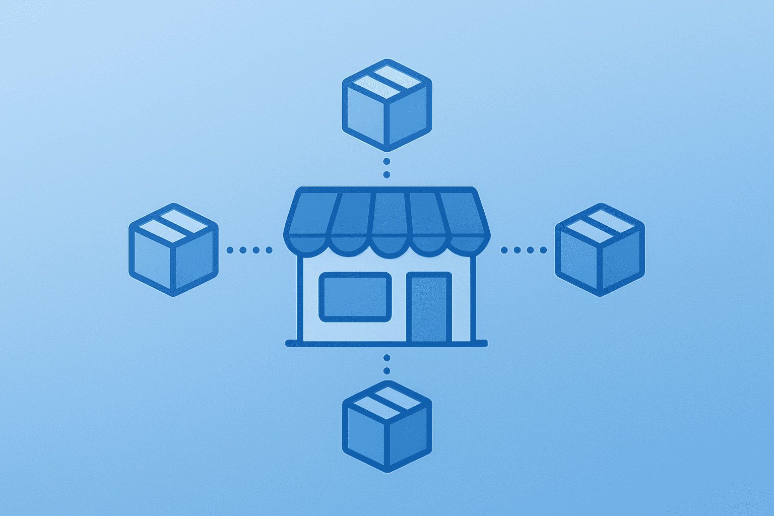 Flat vector of a retail hub with connected fulfillment modules evoking Walmart Q3 earnings and Nasdaq transfer.