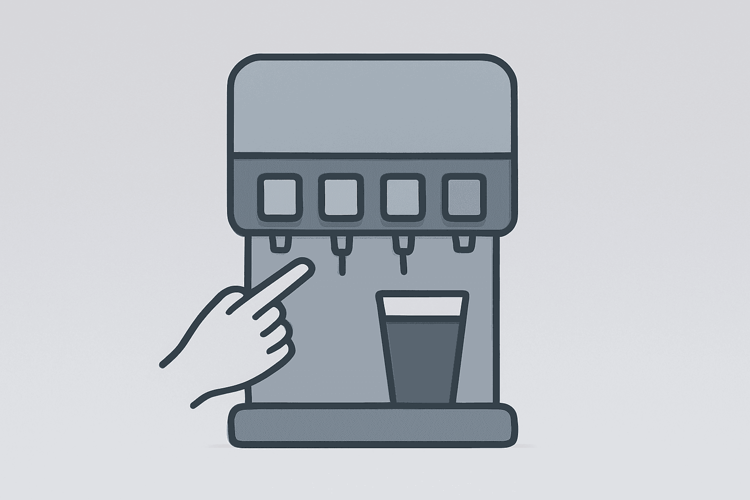 Flat-vector soda fountain shifting to a new dispenser to symbolize the KFC Coca-Cola Partnership rollout in U.S. restaurants.