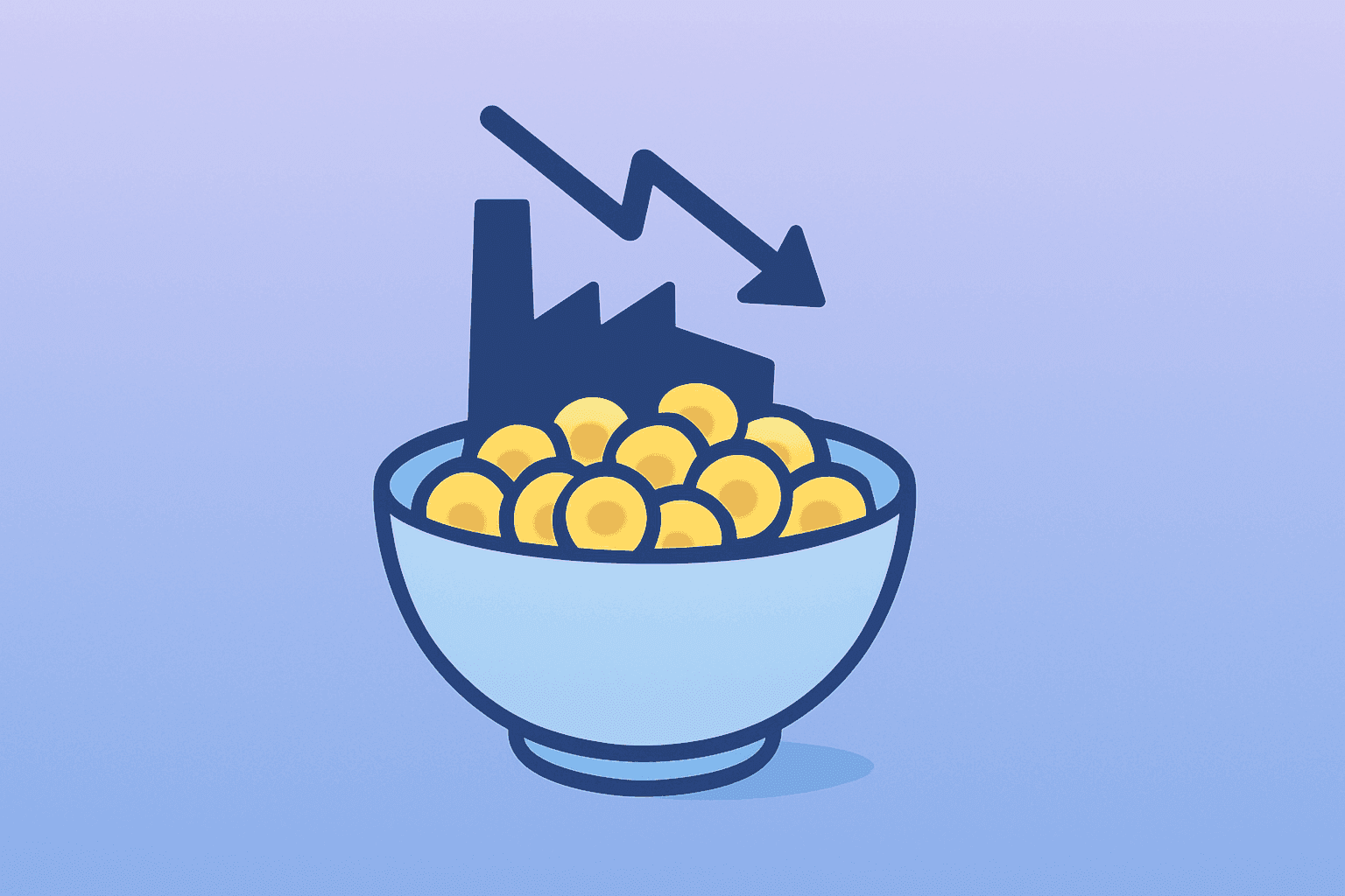 Flat vector cereal bowl and dimming factory light symbolizing General Mills Q1 earnings sales beat and profit decline.