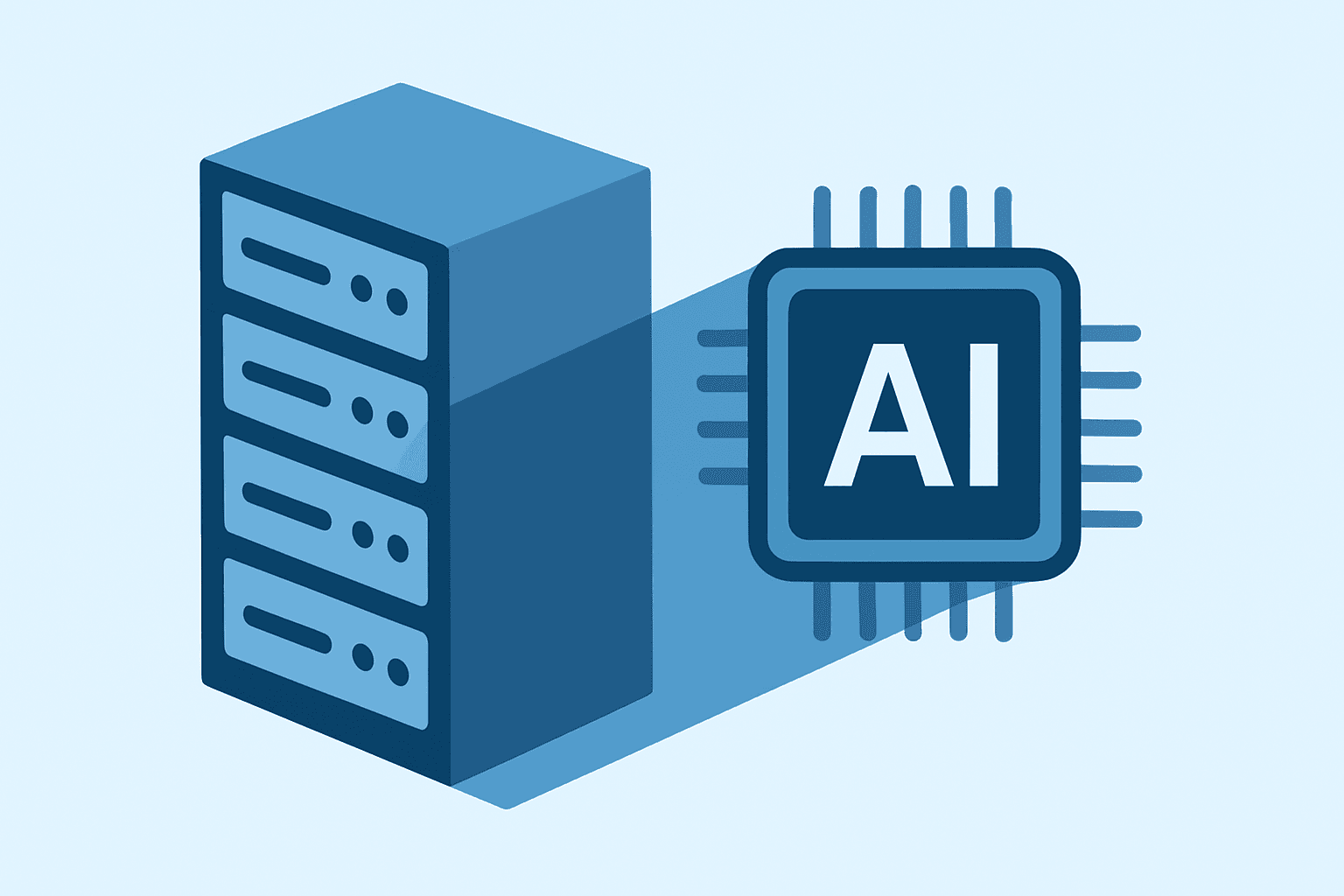 Flat vector of a server rack rendered as an expanding AI chip to illustrate Nvidia AI dominance and data-center scale.