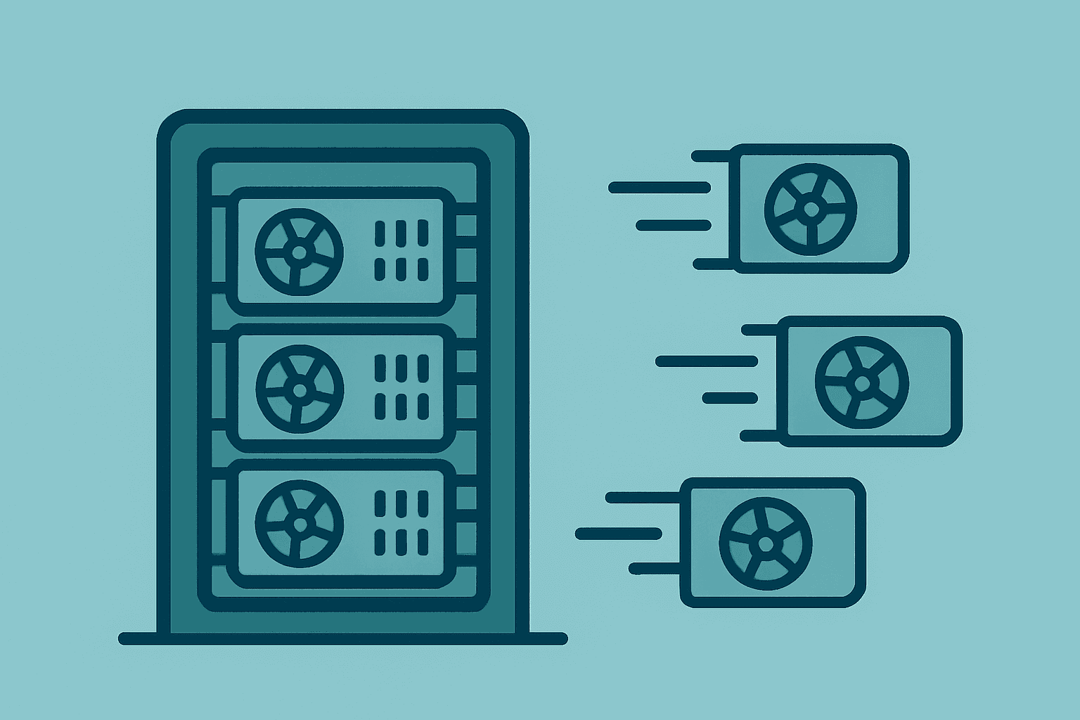 Flat vector of a server rack merging into a cloud server icon to represent Meta cloud business selling excess AI compute.
