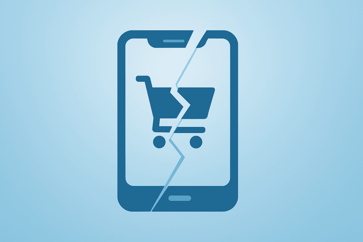 Flat filled vector of a broken smartphone shopping cart symbolizing Cyber Monday sales shortfall and shifted holiday spending